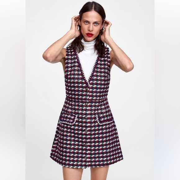 ZARA | TWEED BUTTON FRONT TEXTURED WEAVE MINI DOUBLE BREASTED VEST DRESS SMALL - Picture 1 of 6